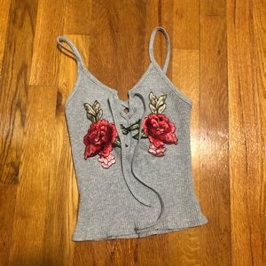 Rose Embroidered Ribbed Lace Up Tank Top